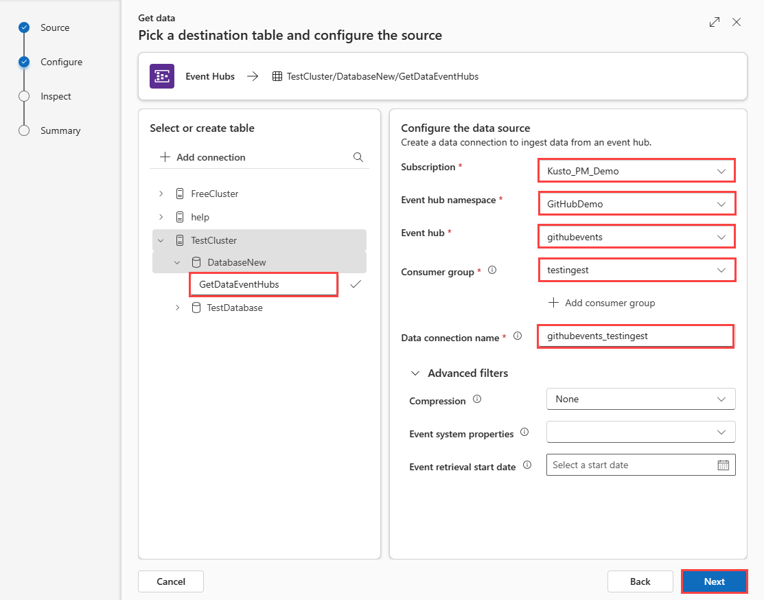 Screenshot of configure tab with fields for configuring the data source of Event Hubs in Azure Data Explorer.