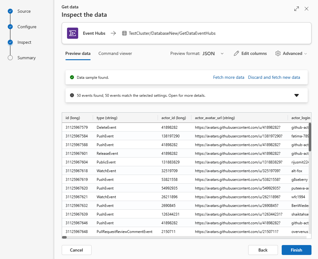 Screenshot of inspecting data for ingesting from Event Hubs to Azure Data Explorer.