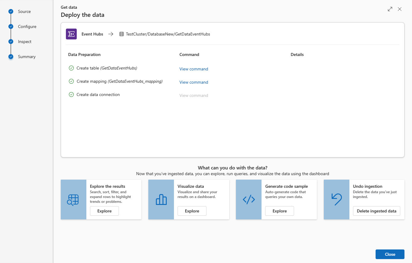 Summary screenshot of getting data from Event Hubs in Azure Data Explorer.