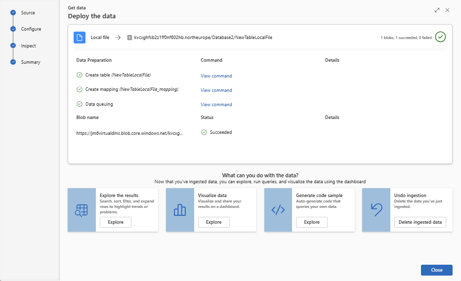 Screenshot of summary page with successful ingestion completed.