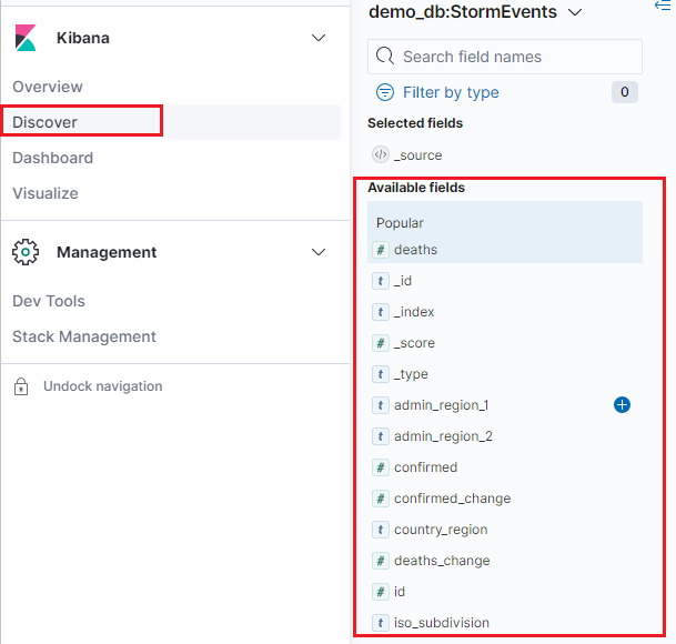 Screenshot of selecting a field in the available fields in the Discover tab.