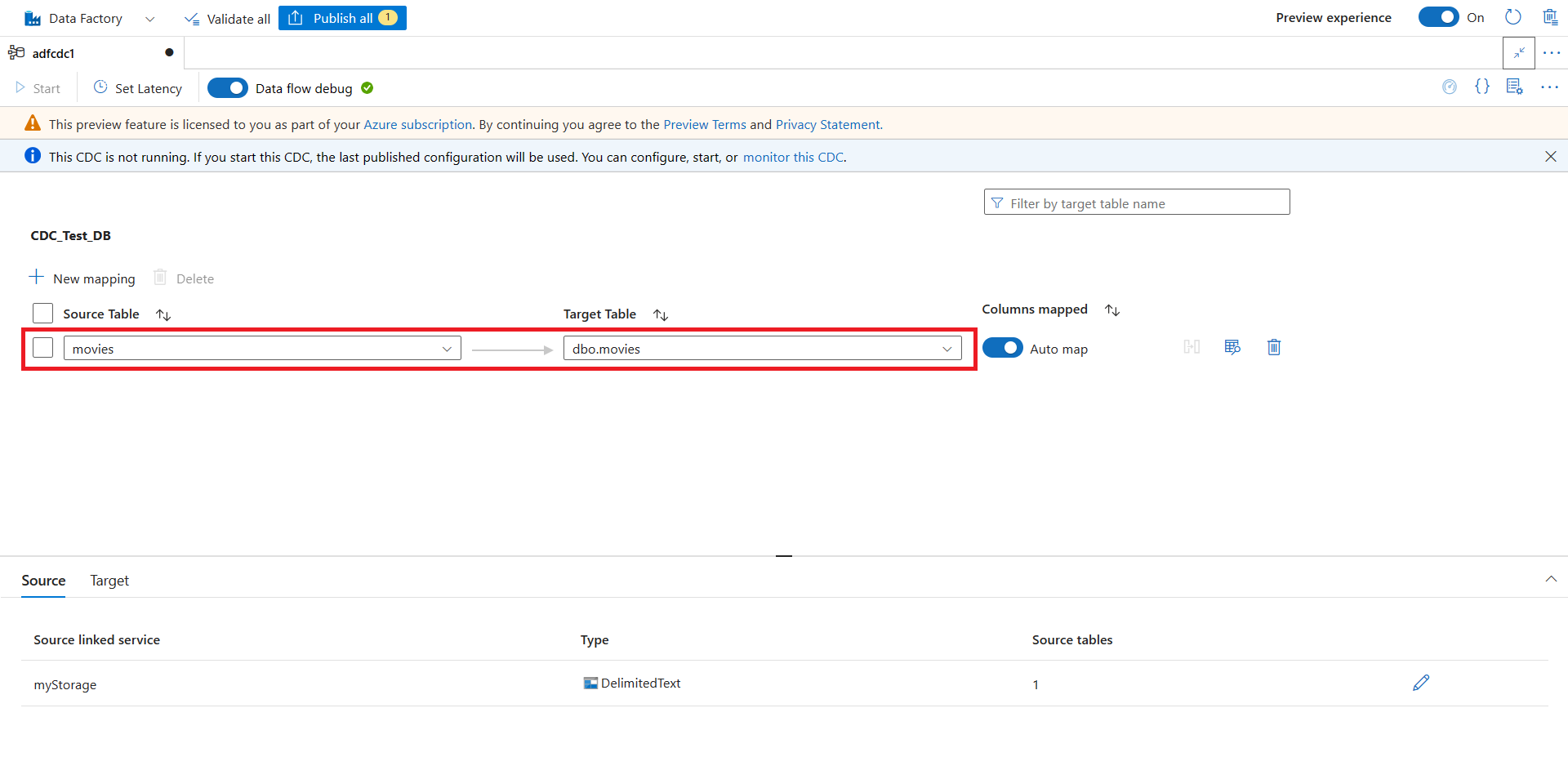 Screenshot of the source-to-target mapping in the change data capture studio.