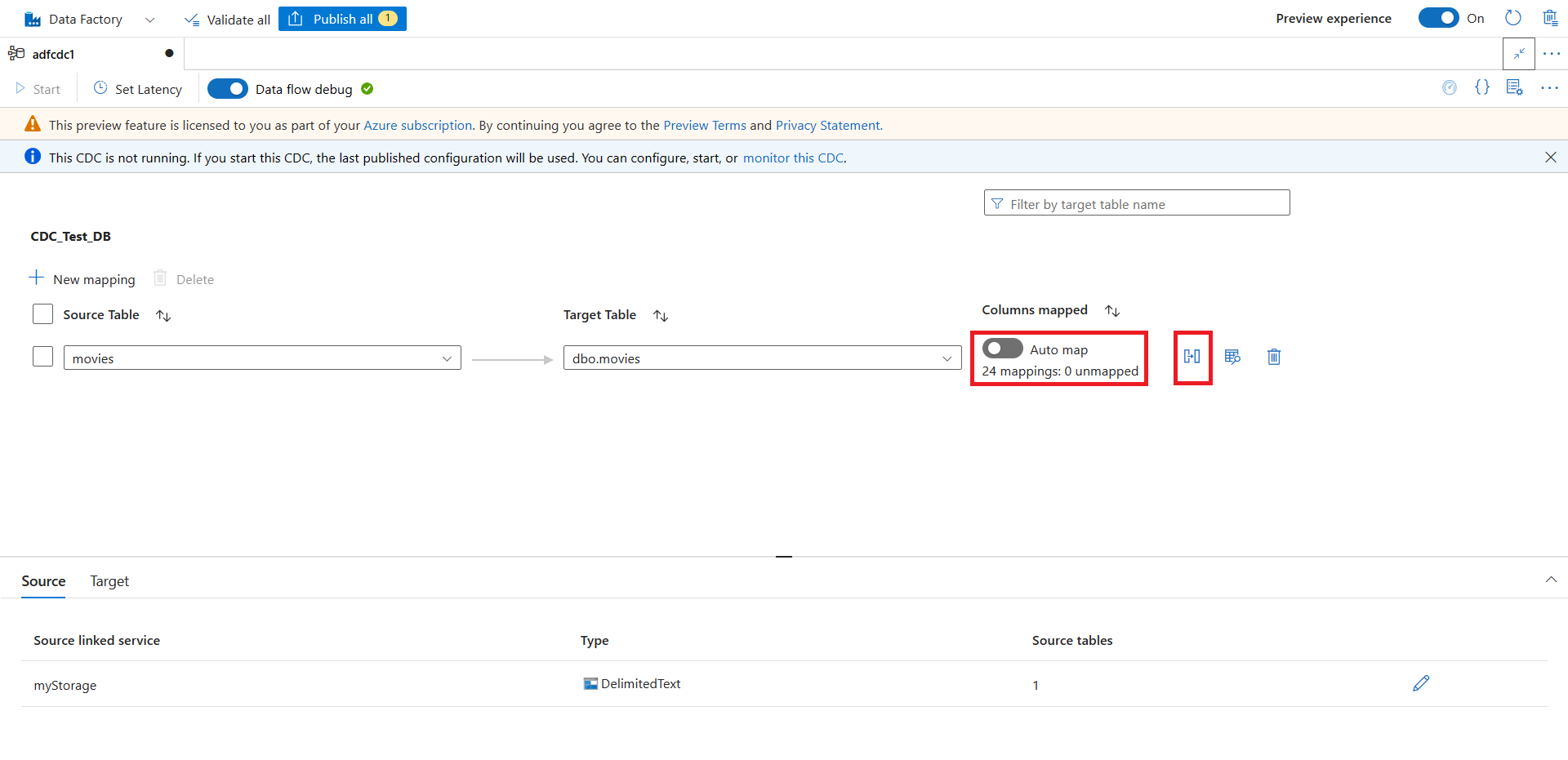 Screenshot of mapping selection, the toggle for automatic mapping turned off, and the button for column mappings.