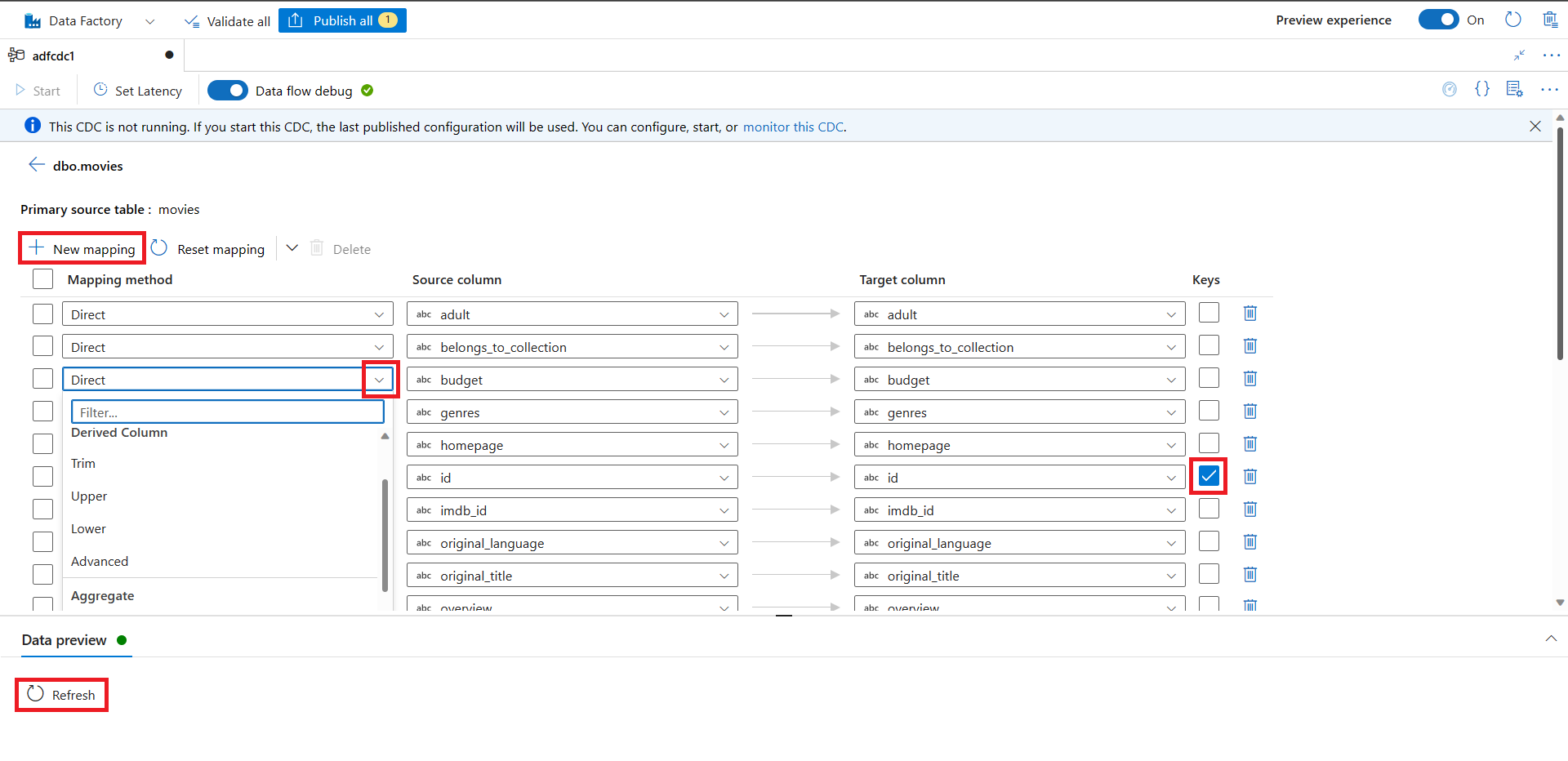 Screenshot of the button for adding column mappings, the dropdown list for mapping methods, the Keys column, and the Refresh button.