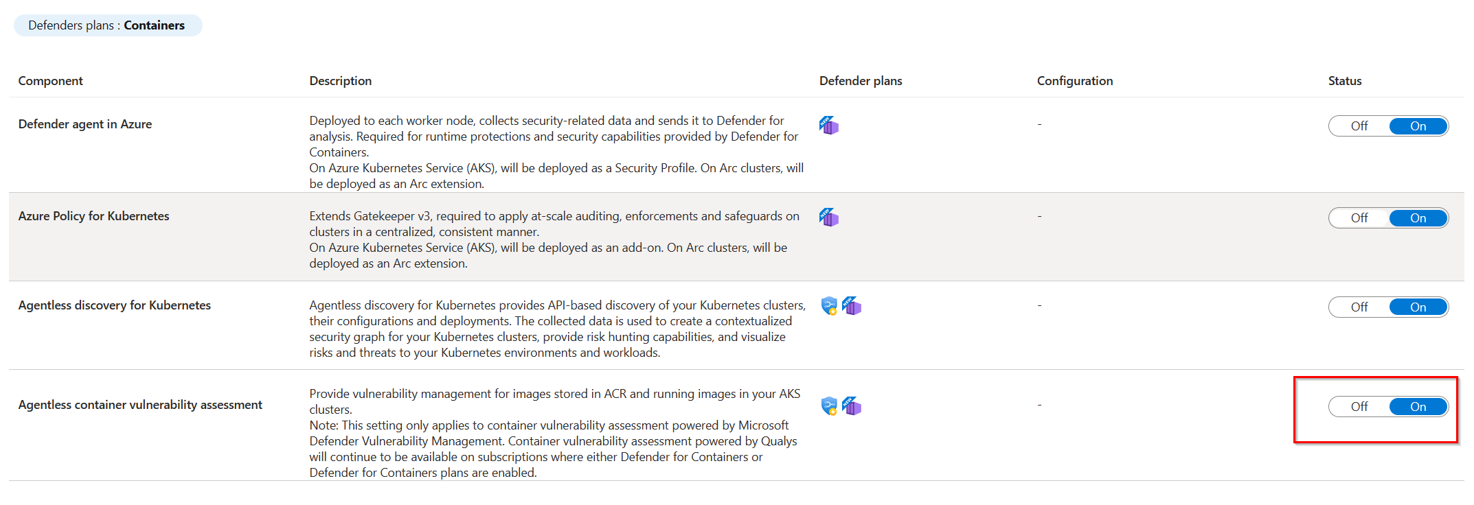 Screenshot of enabling “Agentless container vulnerability assessment” in settings.