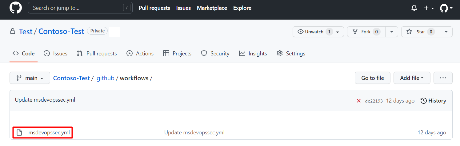 Screenshot that shows you where on the screen to select the msdevopssec.yml file.