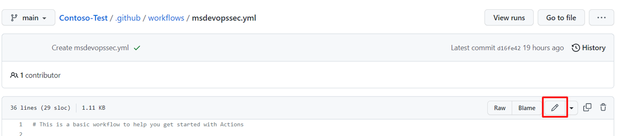 Screenshot that highlights the Edit this file icon for the msdevopssec.yml file.