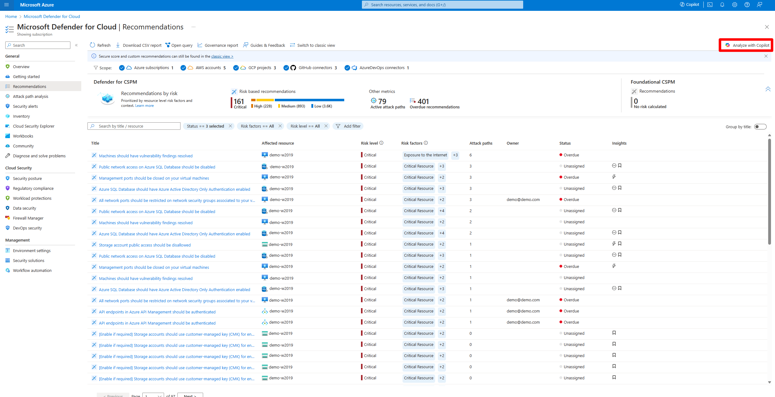 Screenshot of the recommendations page that shows where the Analyze with Copilot button is located.