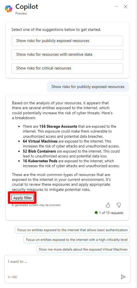 Screenshot that shows where the Apply filter button is located in the Copilot window.