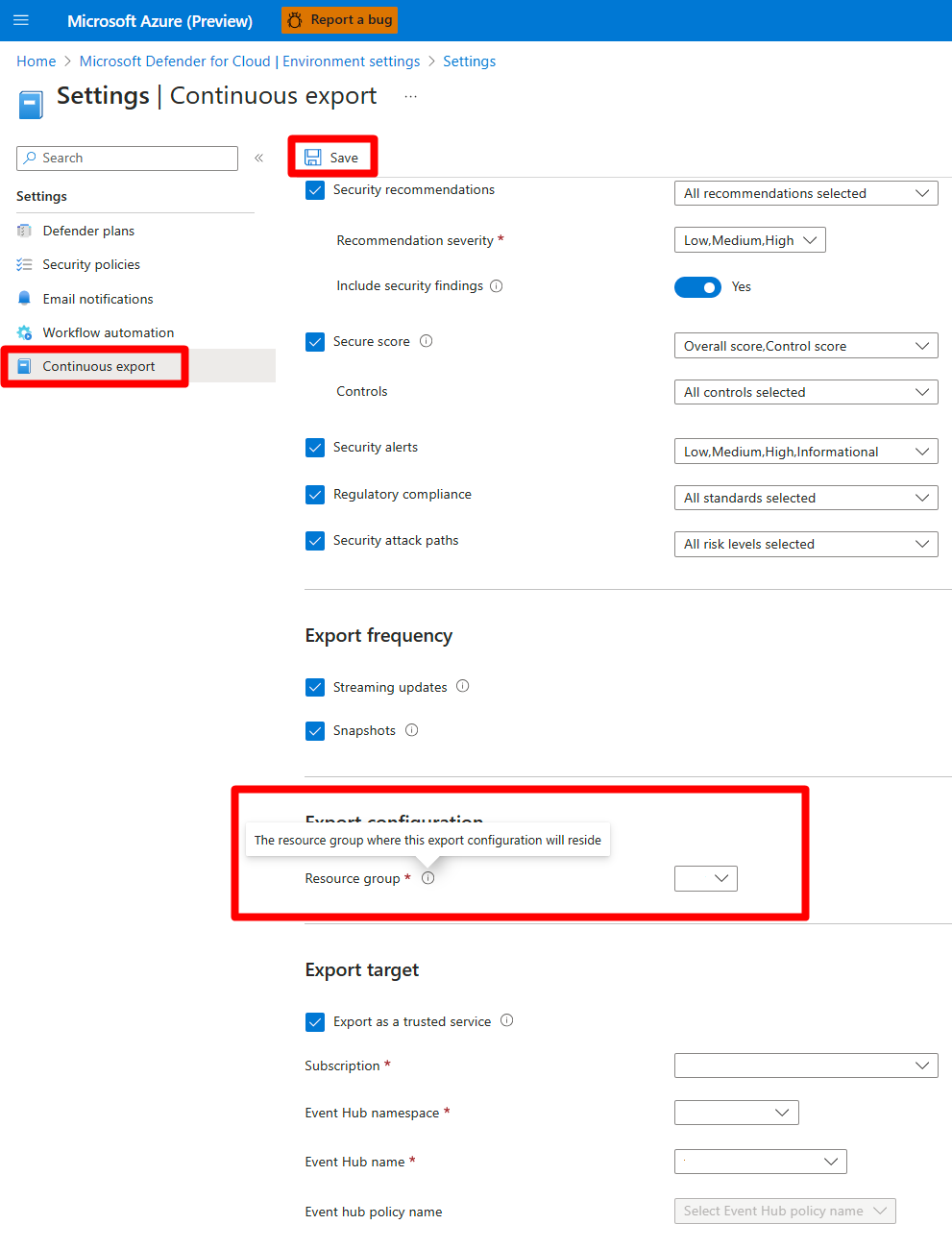 Screenshot that shows the export options in Microsoft Defender for Cloud.