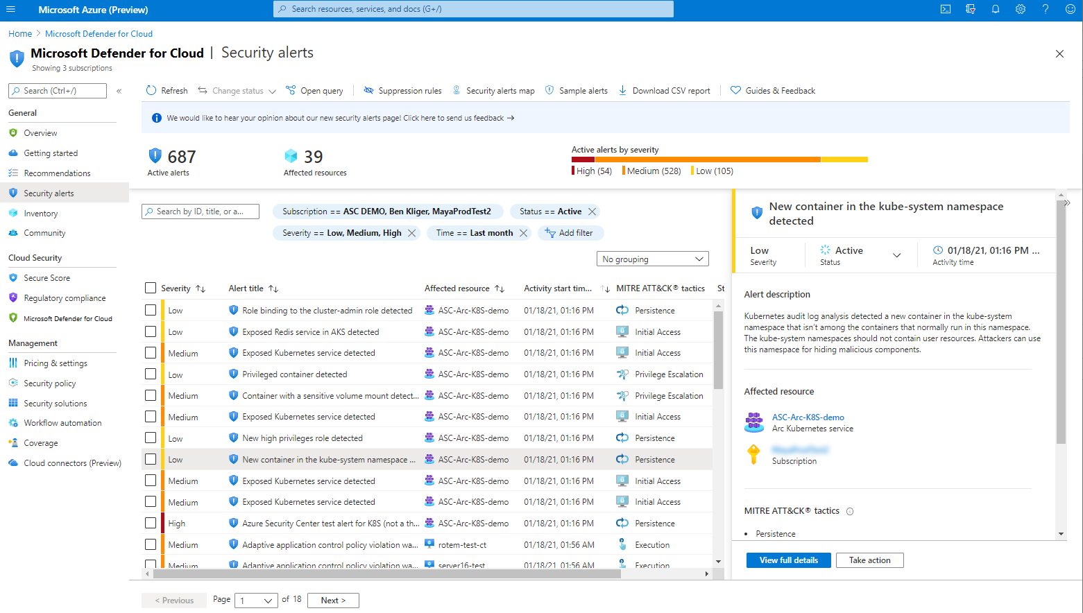 Sample alert from Microsoft Defender for Kubernetes.