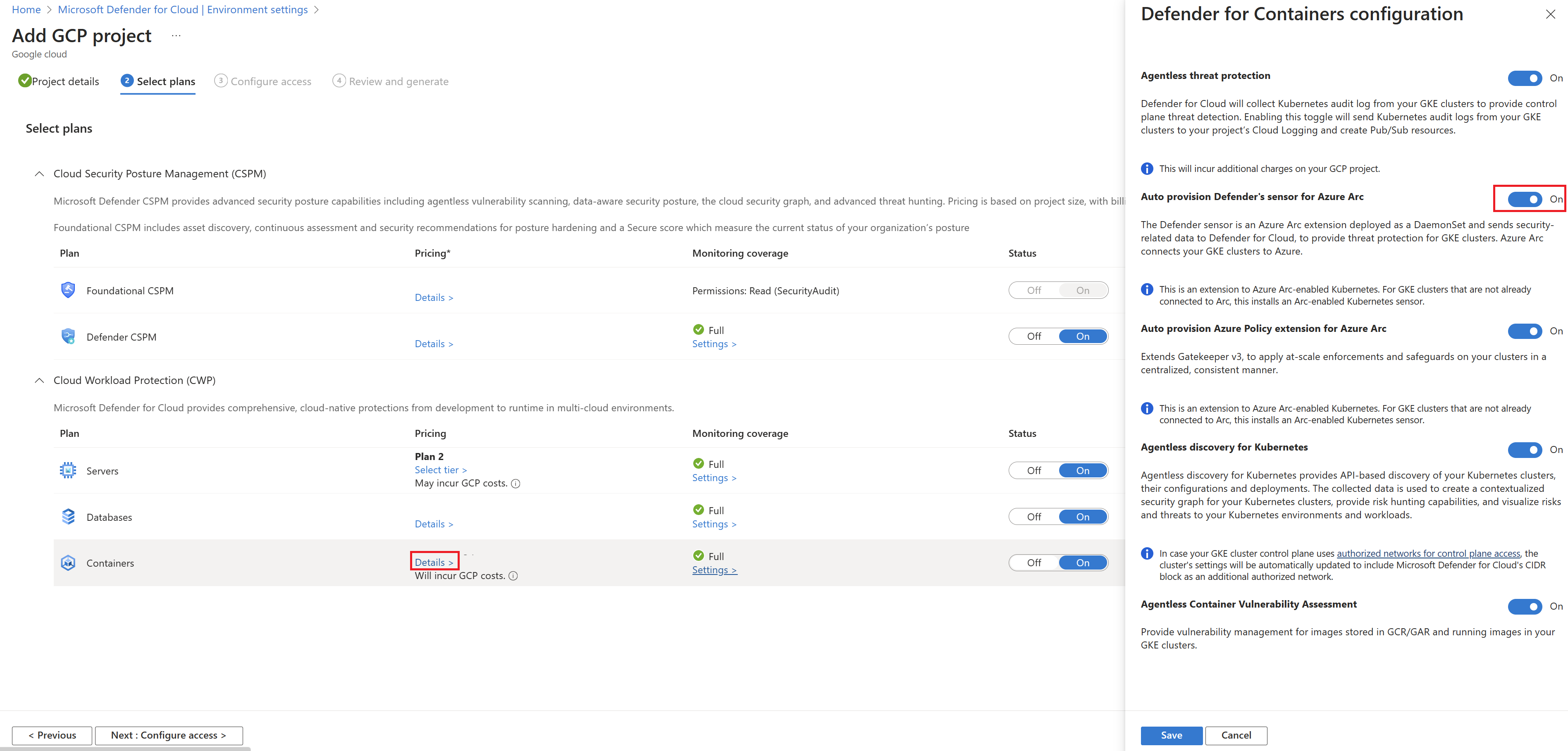 Screenshot of how to enable the Defender sensor for Azure Arc in Microsoft Defender for Cloud.