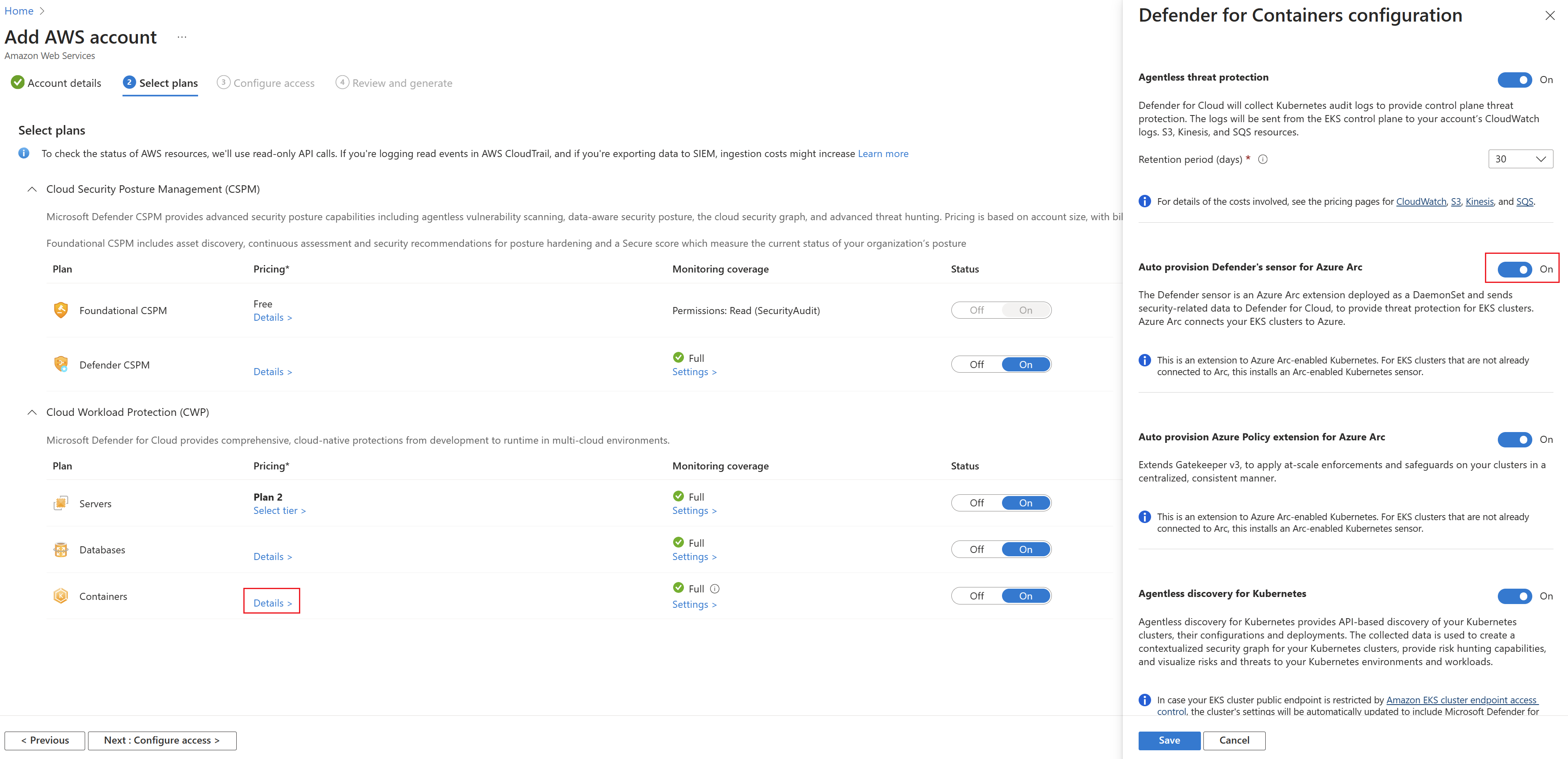 Screenshot of how to enable the Defender sensor for Azure Arc in Microsoft Defender for Cloud.