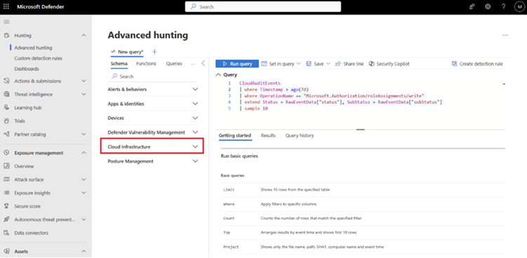 Screenshot of CloudAuditEvents table in Schema tab in advanced hunting.