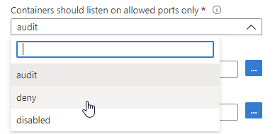 Screenshot showing where to modify the parameters for one of the recommendations in the Kubernetes data plane hardening protection bundle.