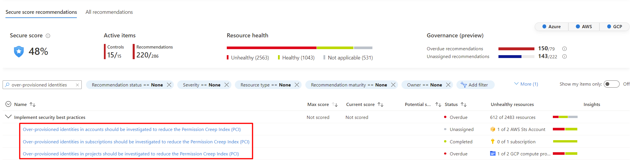 Screenshot of the three associated permission creed index recommendations for Azure, AWS, and GCP.