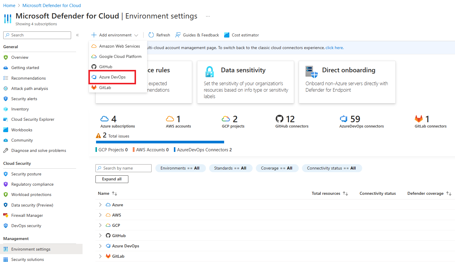 Screenshot that shows selections for adding Azure DevOps as a connector.