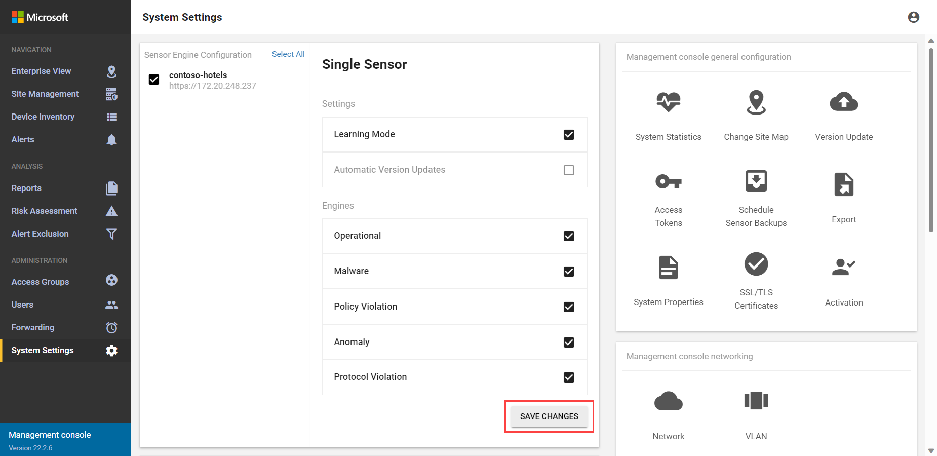 Screenshot of where you can save changes made to selected sensors on the management console.