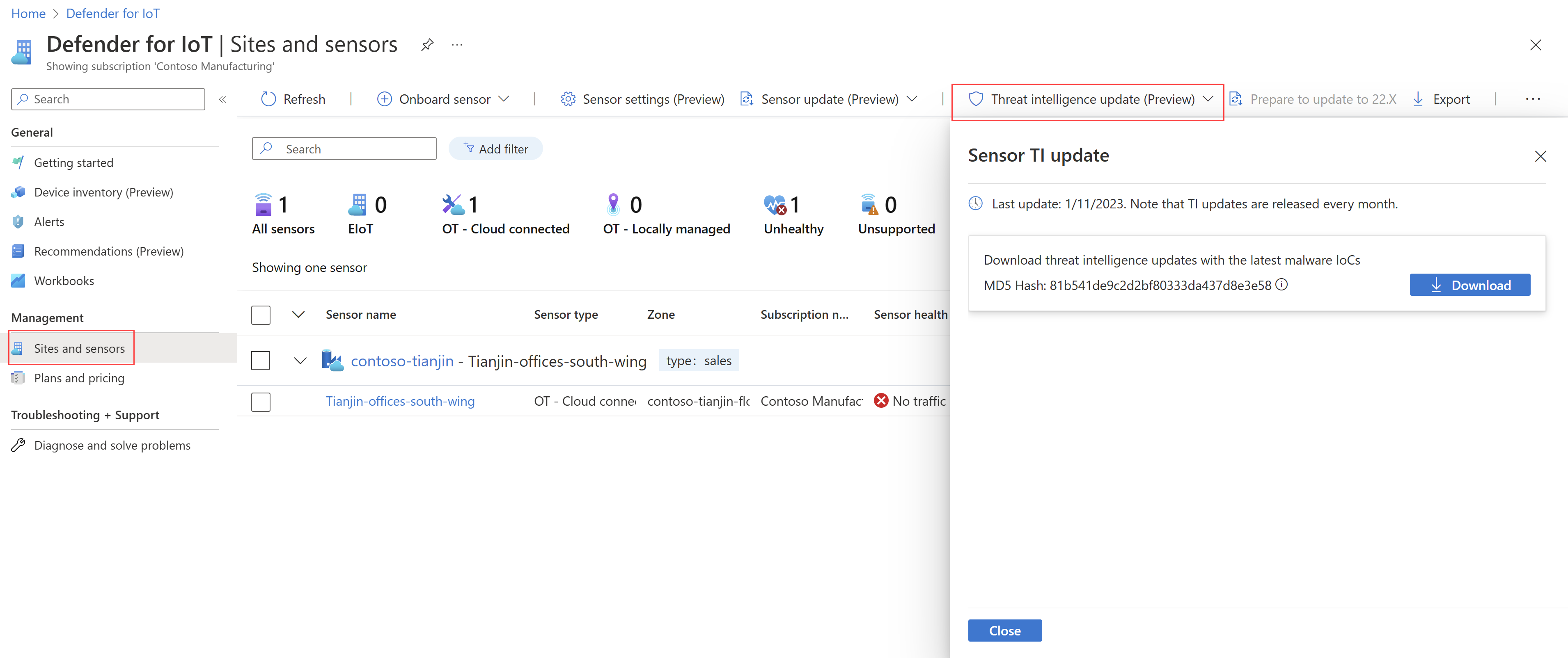 Screenshot of the Sensor TI update pane with the most recent threat intelligence package.