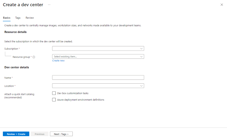 Screenshot that shows the Basics tab on the pane for creating a dev center.
