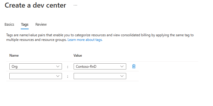 Screenshot that shows the Tags tab on the page for creating a dev center.