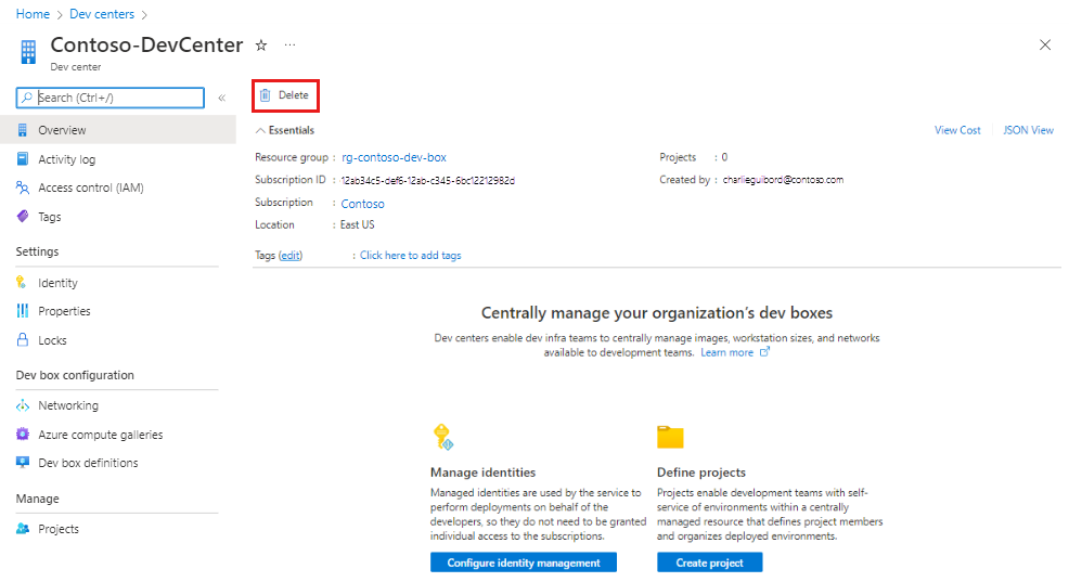 Screenshot of the Delete button on the page for a dev center.