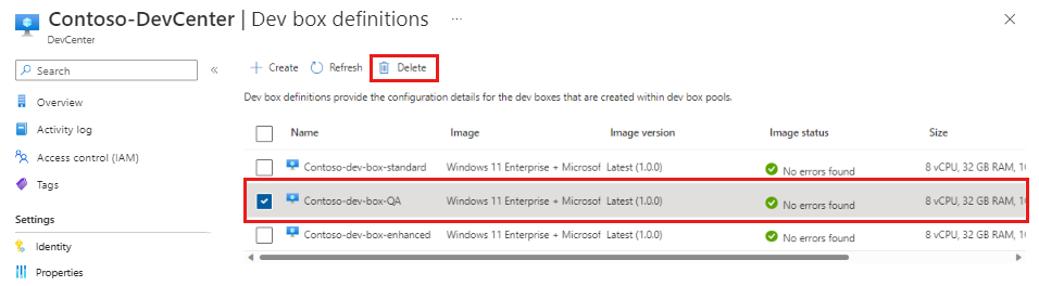 Screenshot of a selected dev box definition and the Delete button.