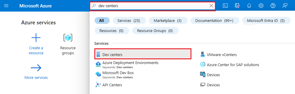 Screenshot that shows a search for dev centers from the Azure portal search box.