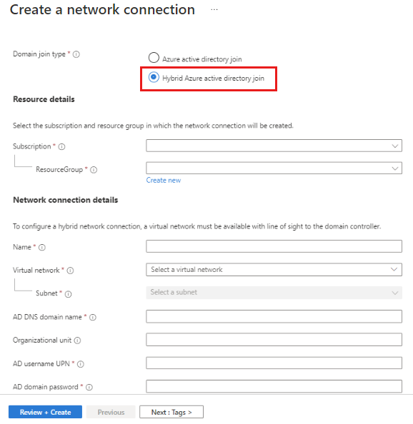 Screenshot that shows the Basics tab on the pane for creating a network connection, with the option for Microsoft Entra hybrid join selected.