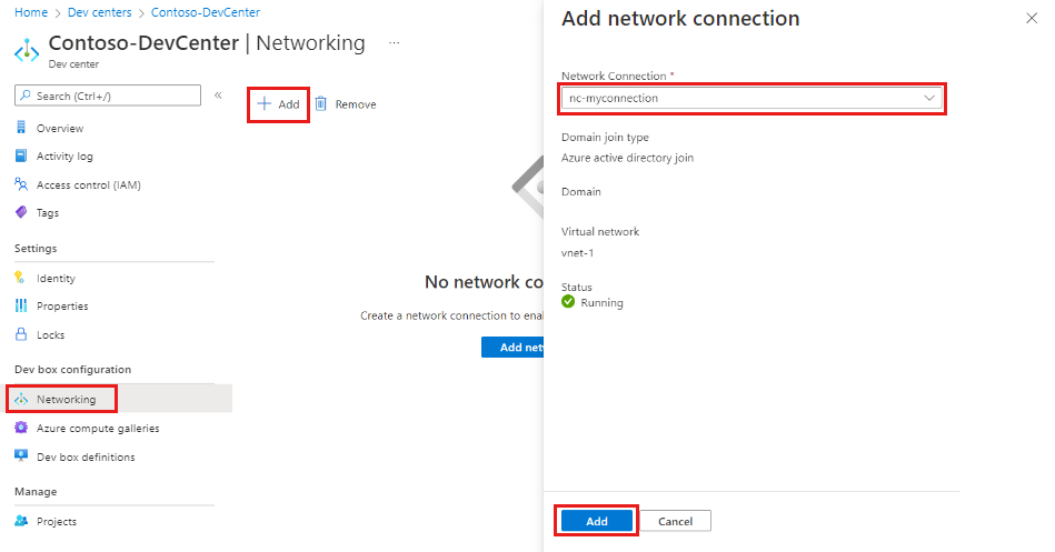 Screenshot that shows the pane for adding a network connection.