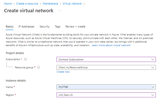 Screenshot of the Basics tab on the pane for creating a virtual network in the Azure portal.