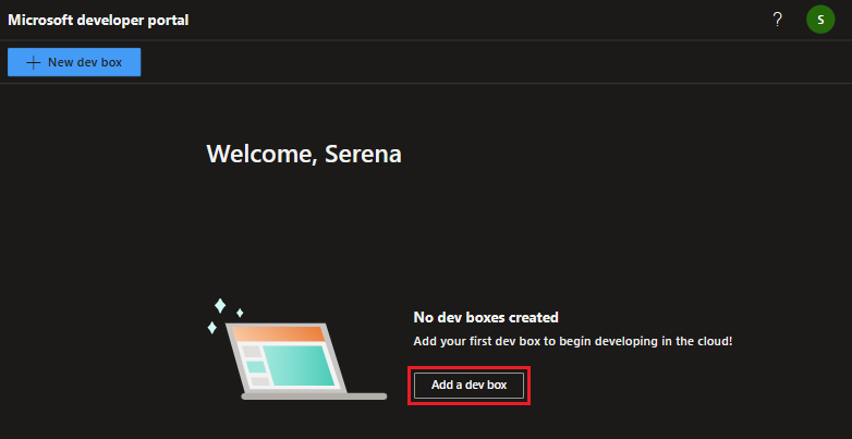 Screenshot of the developer portal and the button for adding a dev box.