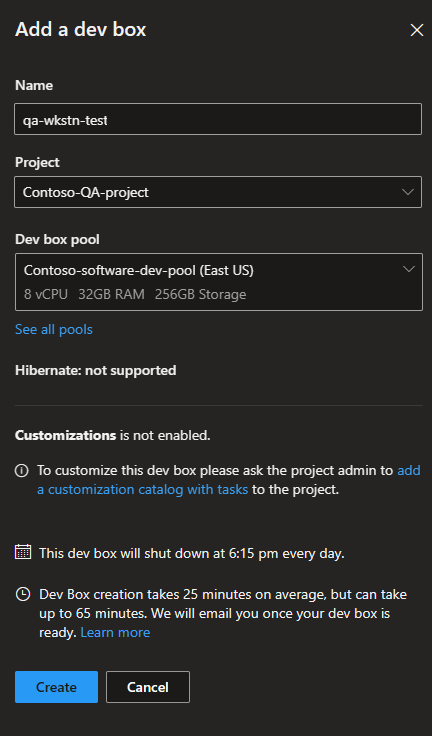 Screenshot of the dialog for adding a dev box.