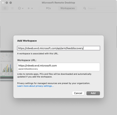 Screenshot of the dialog for adding a Workspace URL.
