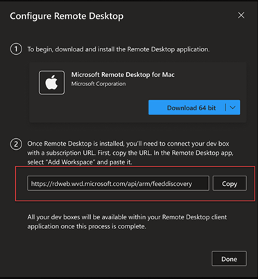 Screenshot of the subscription feed URL in the Configure Remote Desktop dialog.