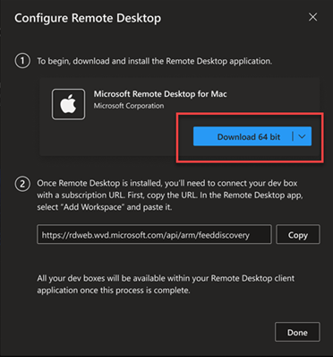 Screenshot of the download button in the dialog for configuring Remote Desktop.