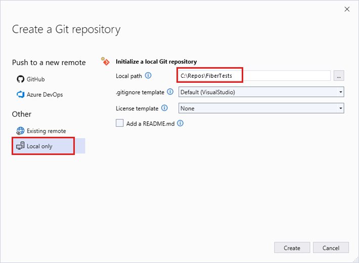 Screenshot of the 'Create a Git repository' window with the 'Local only' option selected in Visual Studio 2019.