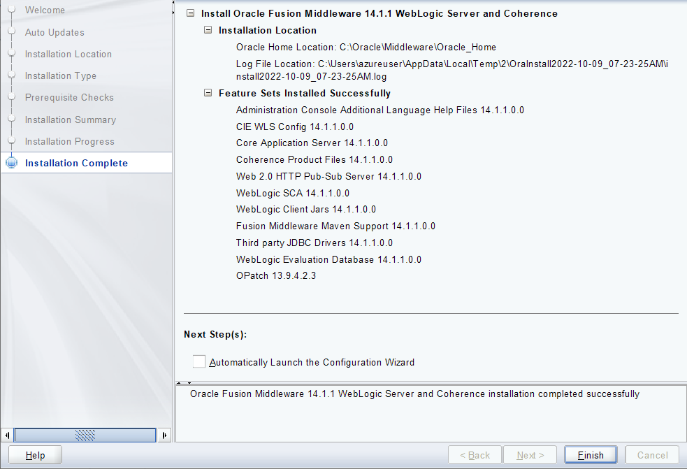 Windows - Oracle WebLogic Server Installation Complete.