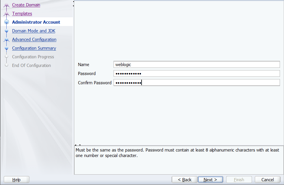 Screenshot of Oracle Configuration Wizard - Administration Account.