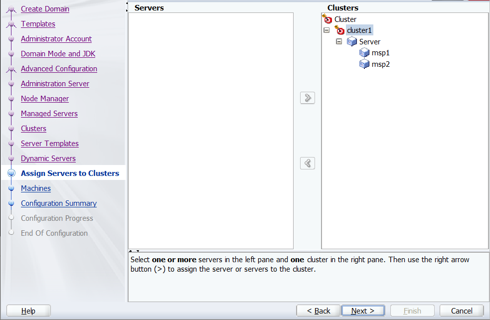 Screenshot of Oracle Configuration Wizard - Assign Servers to Clusters.