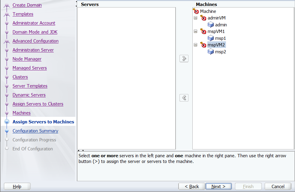 Screenshot of Oracle Configuration Wizard - Assign Servers to Machines.