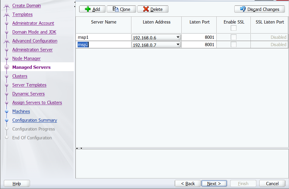 Screenshot of Oracle Configuration Wizard - Managed Servers.