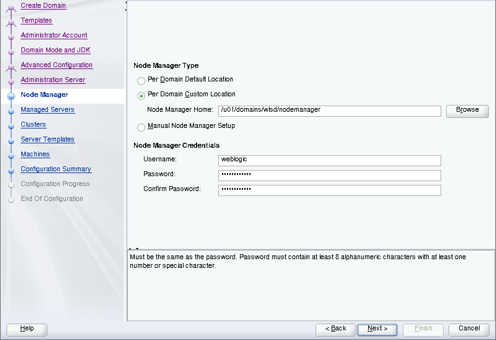 Screenshot of Oracle Configuration Wizard - Node Manager.