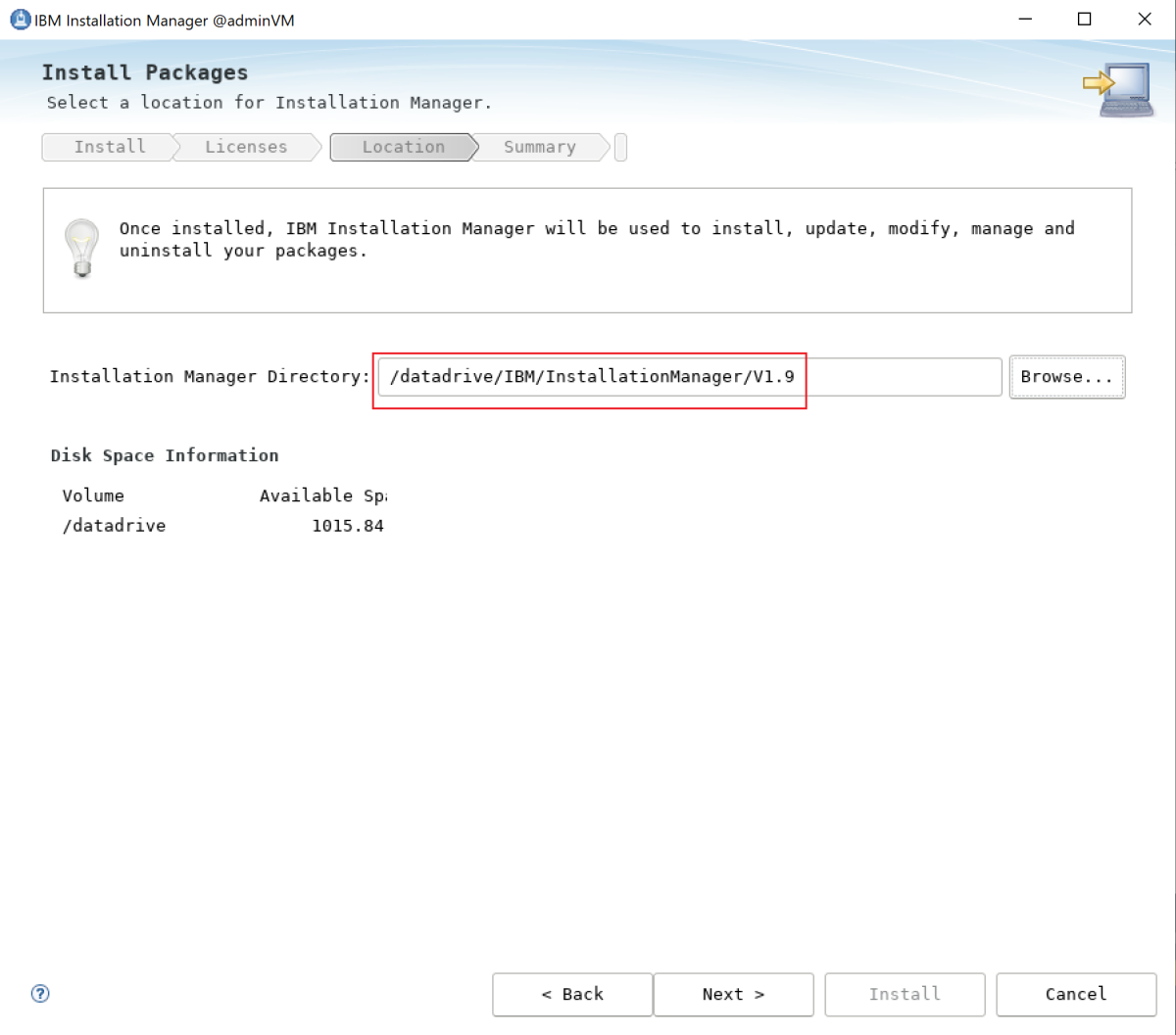 Screenshot of the IBM Installation Manager directory.