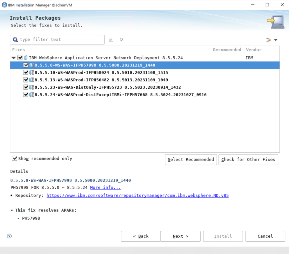 Screenshot of the Install Packages pane and IBM WebSphere Application Server WAS 8.5.5 installation.