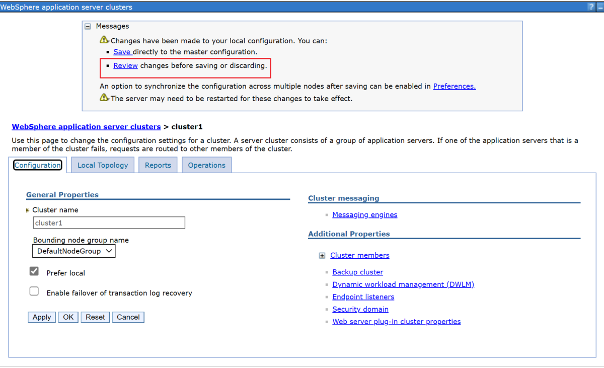 Screenshot of the link for reviewing changes in the IBM Console.