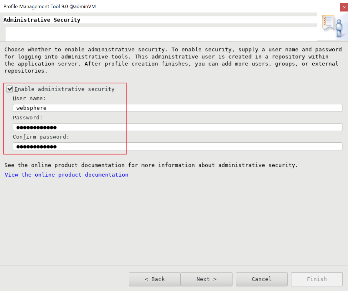 Screenshot of the Administrative Security pane in the IBM Profile Management Tool.