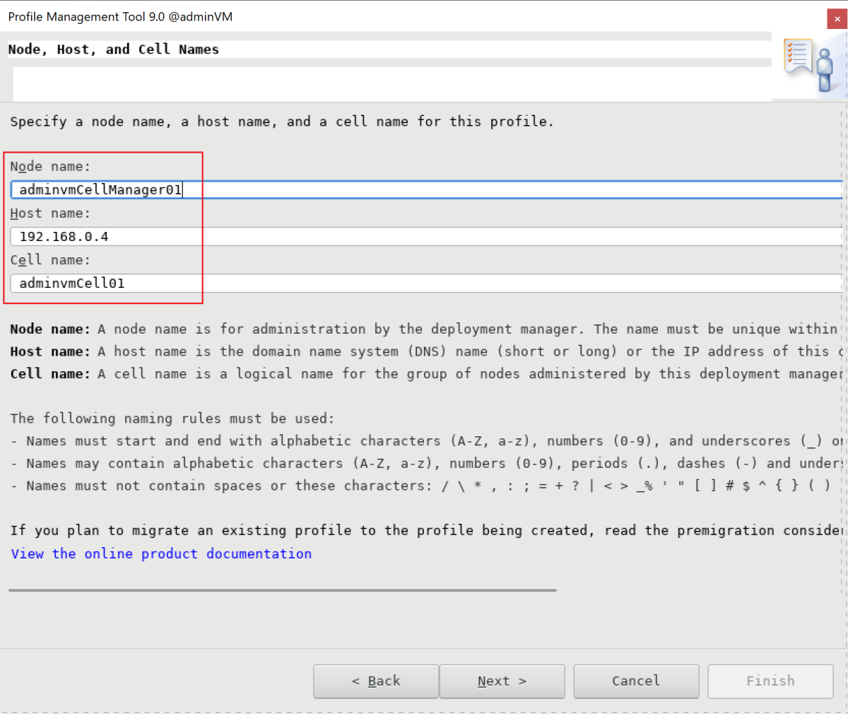 Screenshot of the Node, Host, and Cell Names pane in the IBM Profile Management Tool.