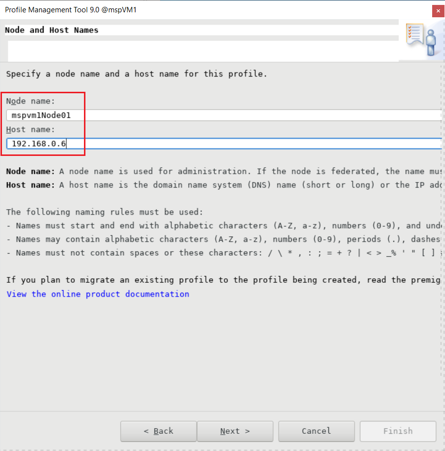 Screenshot of the Node and Host Names pane of the IBM Profile Management Tool.