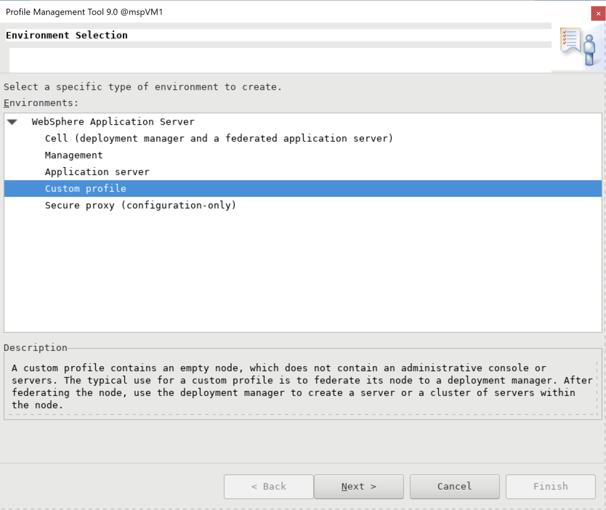 Screenshot of the Environment Selection pane of the IBM Profile Management Tool.